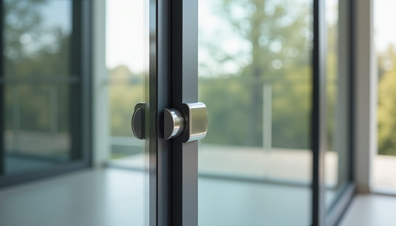 Close-up of an aluminium bifold door frame and locking mechanism