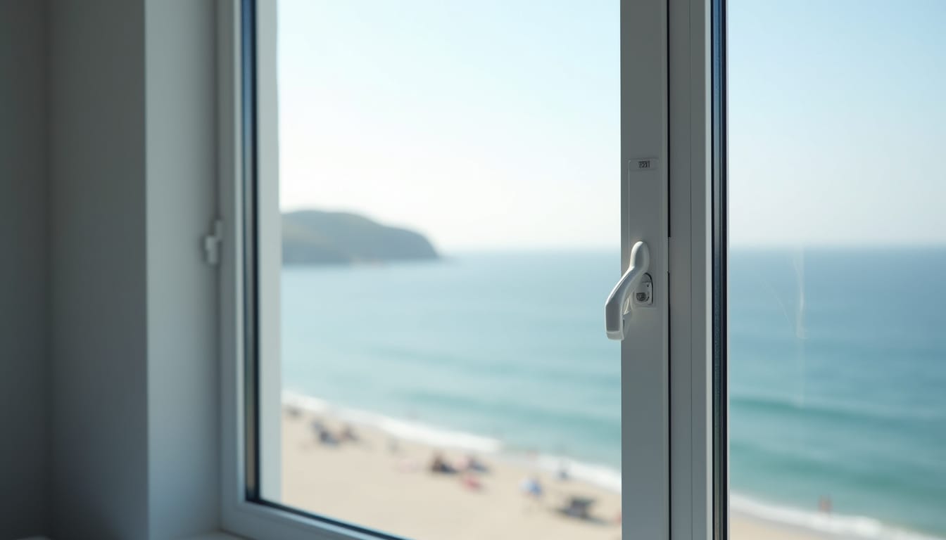 Aluminium window frame with a view over a sandy beach