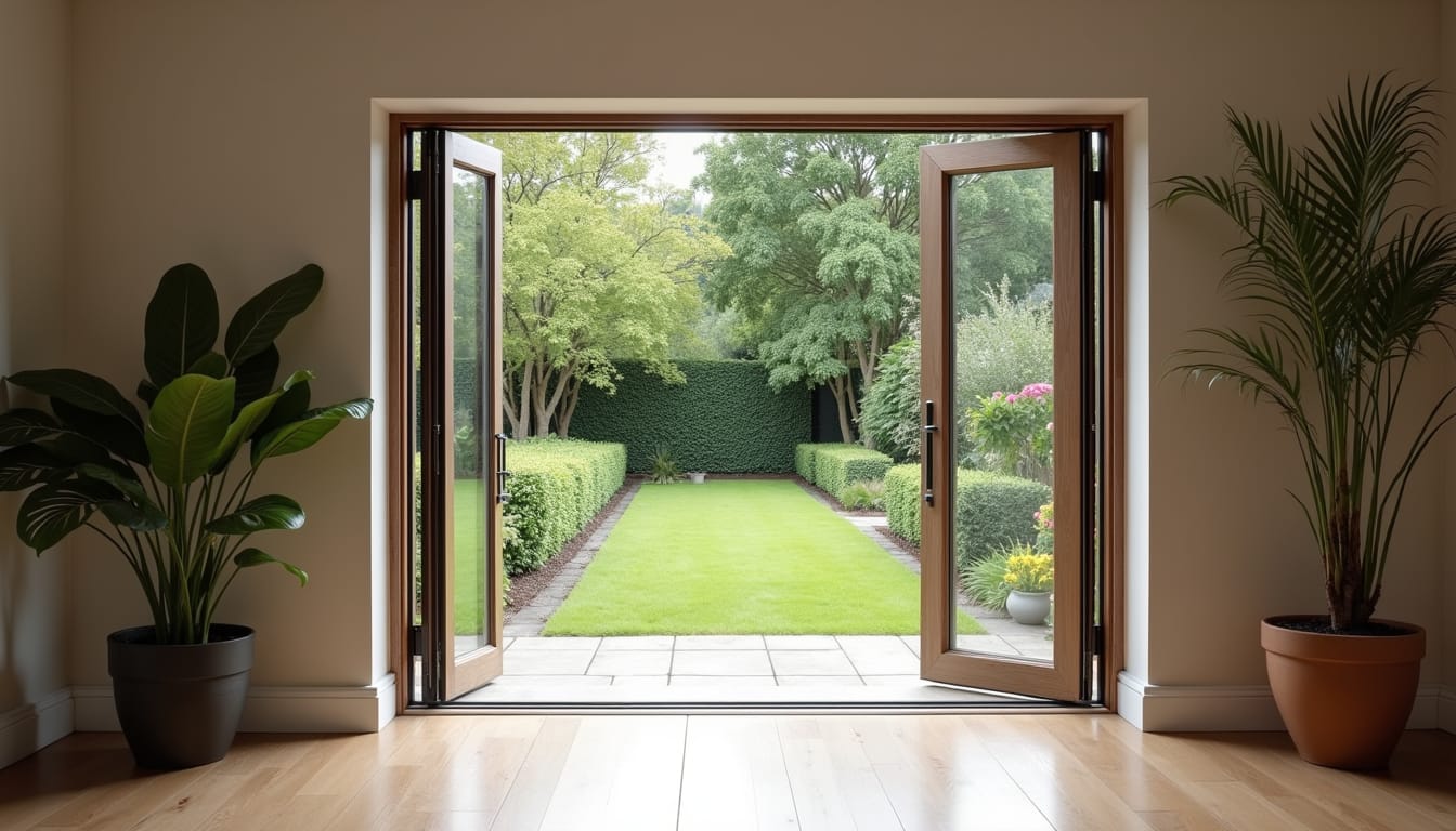 Open French doors leading out to a lawned garden