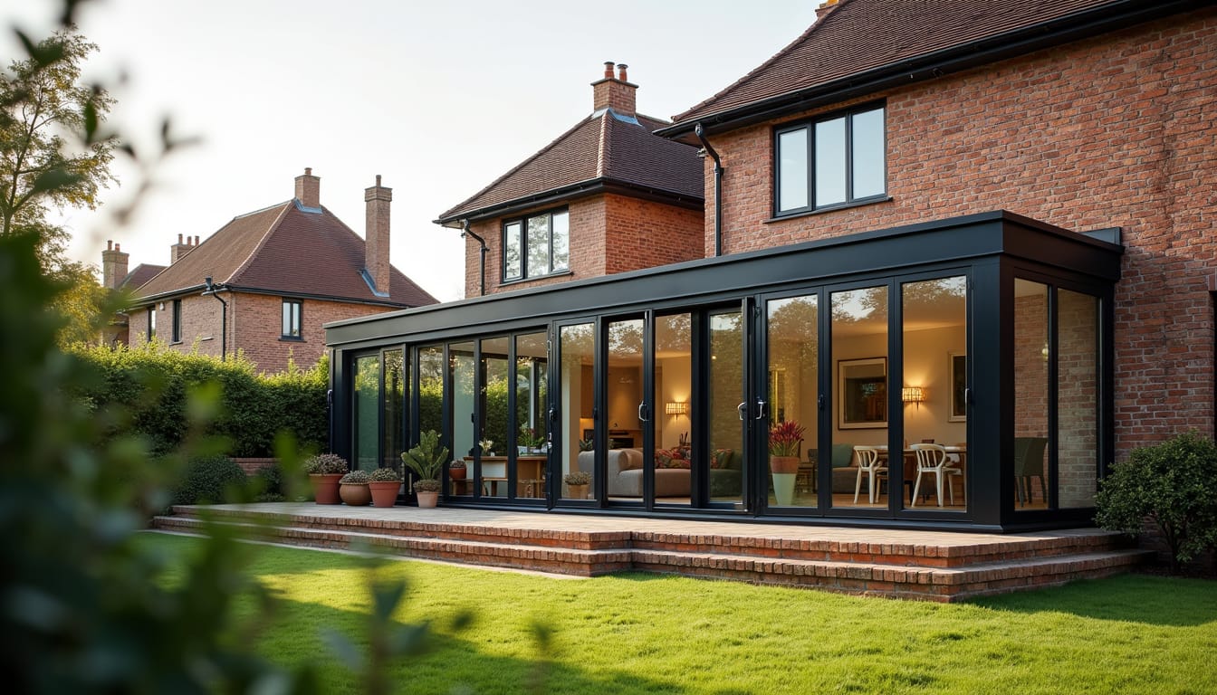 Modern aluminium conservatory attached to a brick house at dusk
