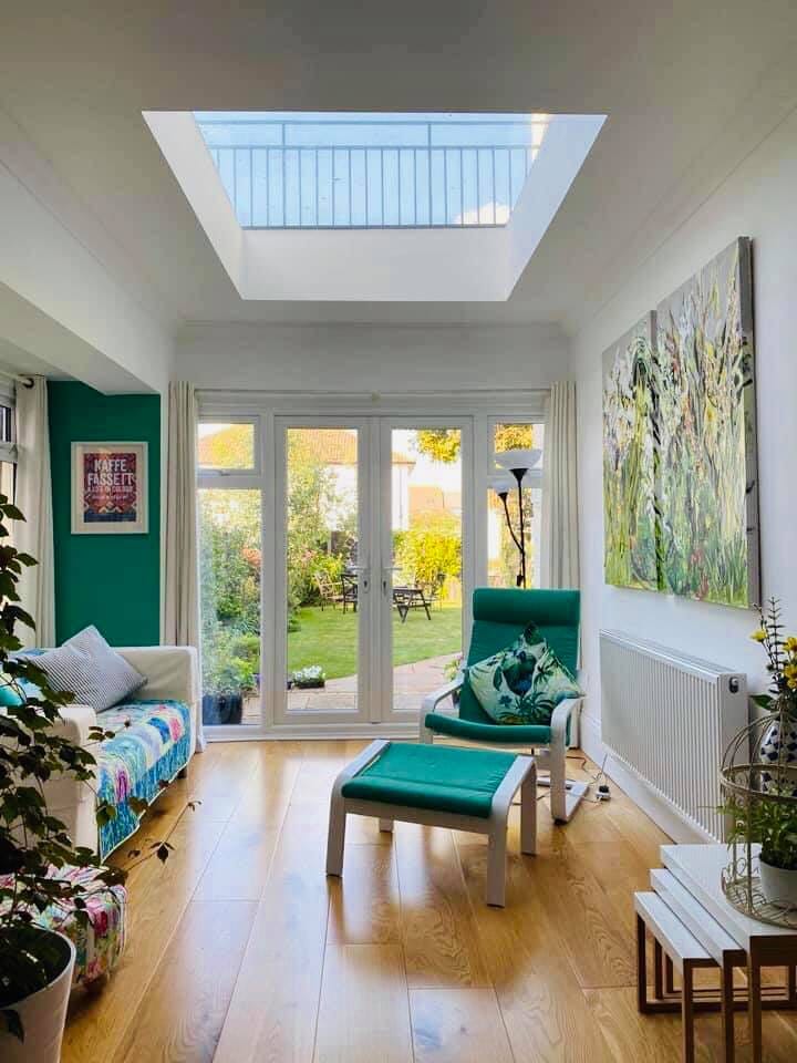 Orangery-style extension interior with a roof lantern