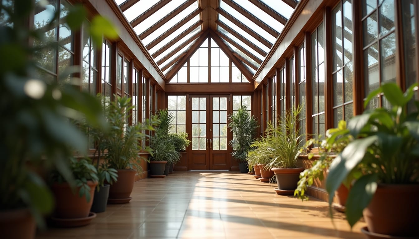Traditional timber conservatory interior with plants