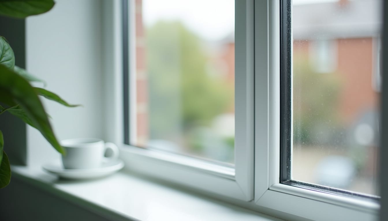 Close-up of a double-glazed uPVC window with a white frame